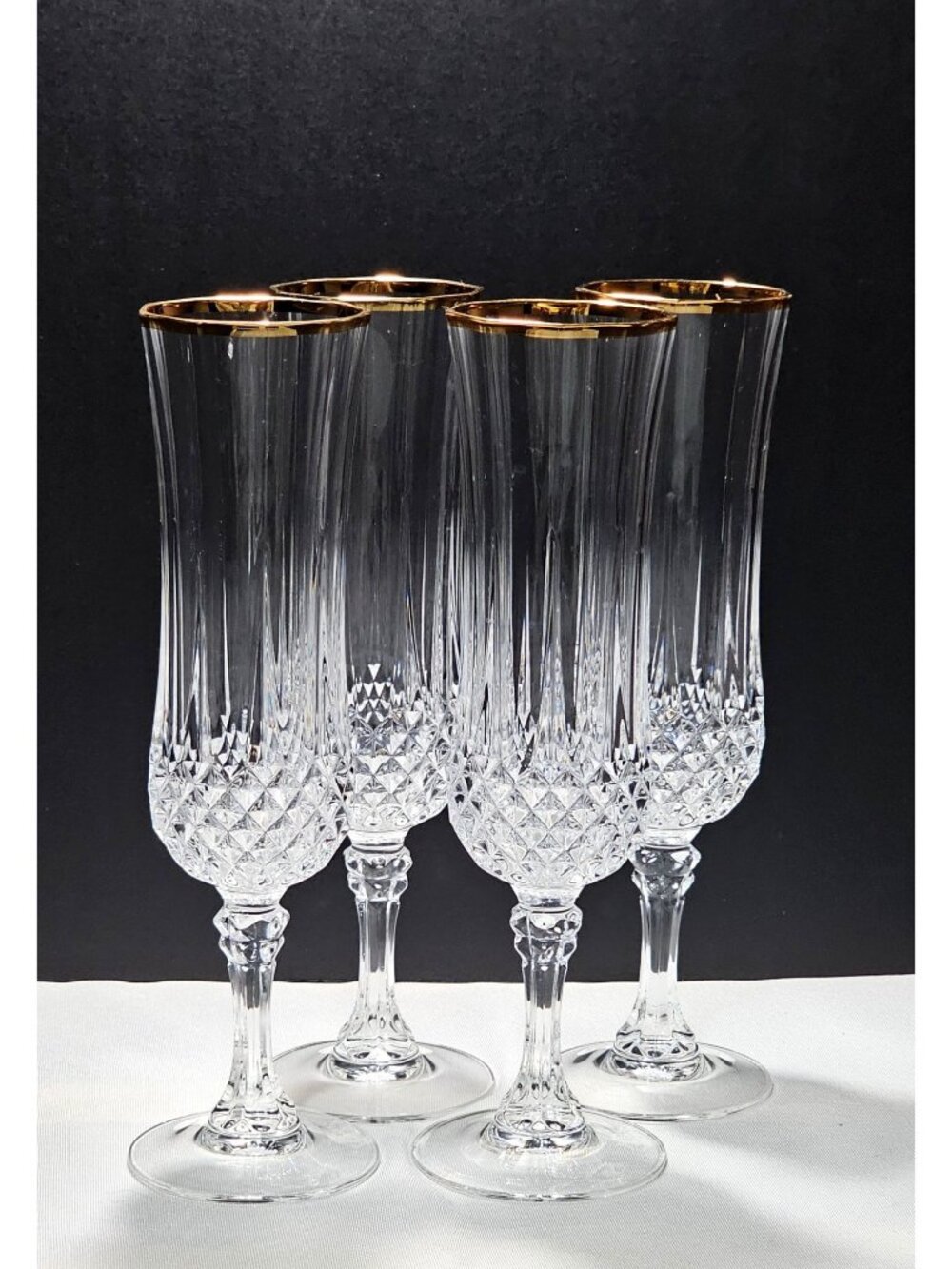 4 Cristal D'Arques Longchamp Champagne Flutes Glasses 8" gold vtg cut crystal to